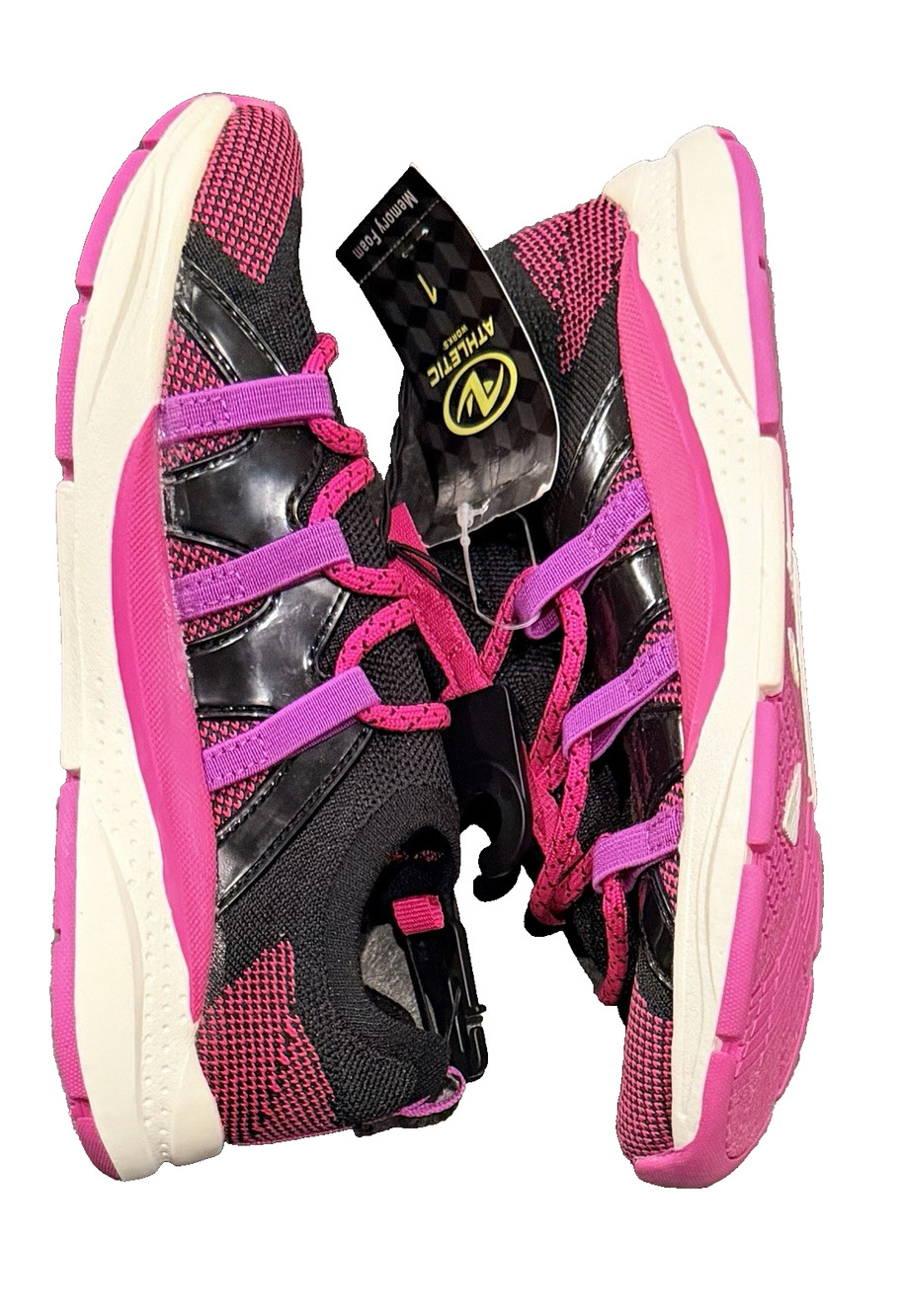 New Athletic Works Girls Size 1 Memory Foam Knit Sneakers Black & Pink NWT